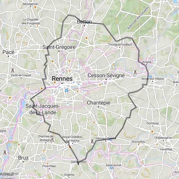 Miniature de la carte de l'inspiration cycliste "Le Circuit de Saint-Jacques-de-la-Lande à Vern-sur-Seiche" dans la Bretagne, France. Générée par le planificateur d'itinéraire cycliste Tarmacs.app