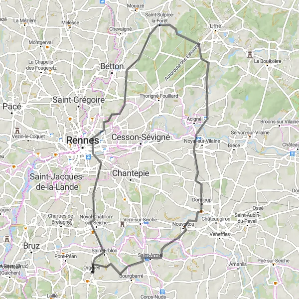 Miniature de la carte de l'inspiration cycliste "La Route de Noyal-Châtillon-sur-Seiche à Les Communs" dans la Bretagne, France. Générée par le planificateur d'itinéraire cycliste Tarmacs.app