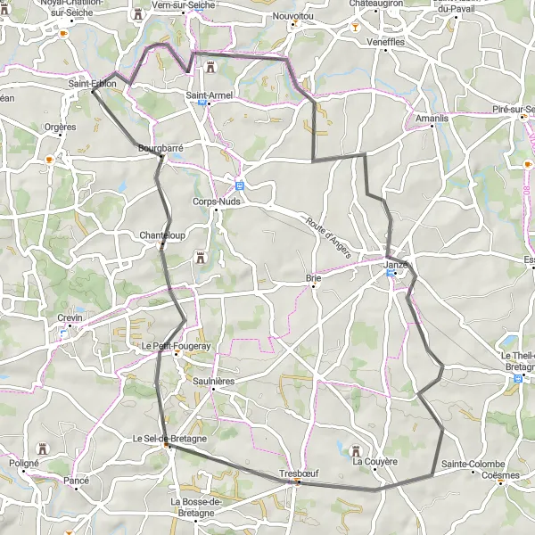 Miniature de la carte de l'inspiration cycliste "Boucle cyclable de Saint-Erblon" dans la Bretagne, France. Générée par le planificateur d'itinéraire cycliste Tarmacs.app