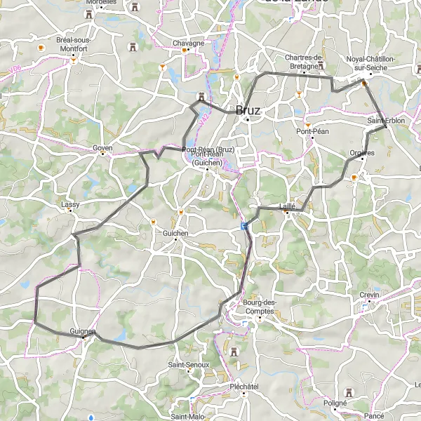 Miniature de la carte de l'inspiration cycliste "Le Tour de Laillé à Chartres-de-Bretagne" dans la Bretagne, France. Générée par le planificateur d'itinéraire cycliste Tarmacs.app