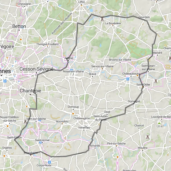 Map miniature of "Saint-Erblon to Saint-Aubin-du-Pavail Road Cycling Route" cycling inspiration in Bretagne, France. Generated by Tarmacs.app cycling route planner