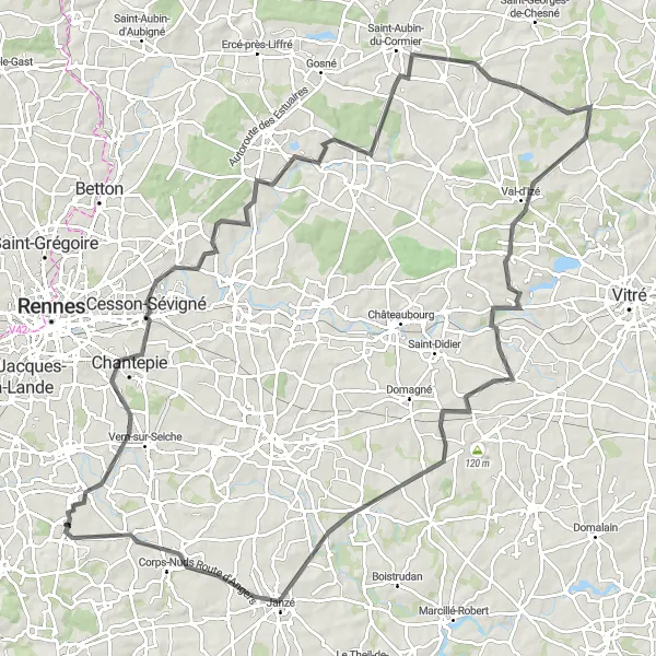 Map miniature of "Chantepie to Bourgbarré Road Cycling Route" cycling inspiration in Bretagne, France. Generated by Tarmacs.app cycling route planner