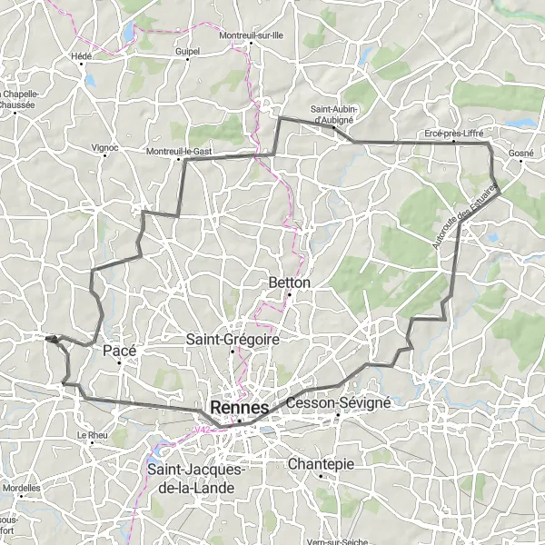 Miniature de la carte de l'inspiration cycliste "Parcours vers Liffré" dans la Bretagne, France. Générée par le planificateur d'itinéraire cycliste Tarmacs.app