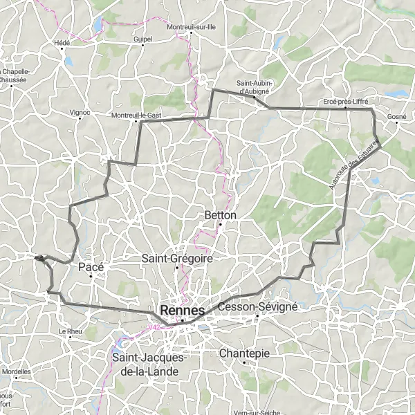 Map miniature of "Exploring Liffré and Rennes" cycling inspiration in Bretagne, France. Generated by Tarmacs.app cycling route planner