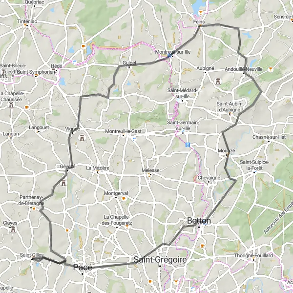 Map miniature of "Gévezé - Andouillé-Neuville Loop" cycling inspiration in Bretagne, France. Generated by Tarmacs.app cycling route planner