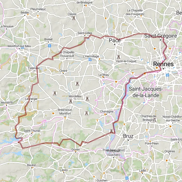 Miniature de la carte de l'inspiration cycliste "Boucle gravel vers Saint-Gilles" dans la Bretagne, France. Générée par le planificateur d'itinéraire cycliste Tarmacs.app