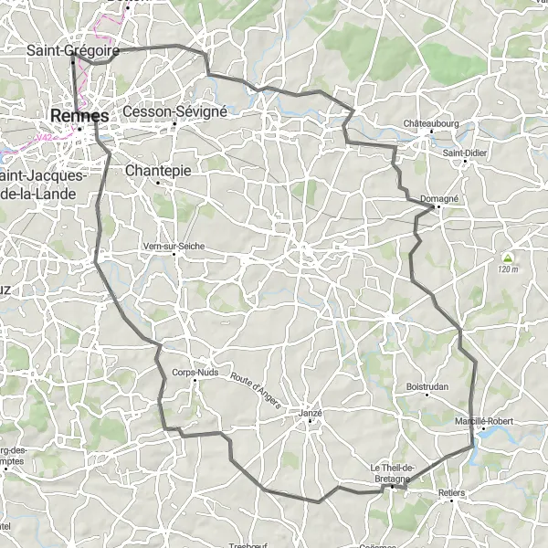 Map miniature of "Scenic Road Loop Around Saint-Grégoire" cycling inspiration in Bretagne, France. Generated by Tarmacs.app cycling route planner