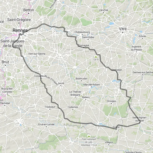 Map miniature of "Rennes to Noyal Châtillon via Epic Road Adventure" cycling inspiration in Bretagne, France. Generated by Tarmacs.app cycling route planner