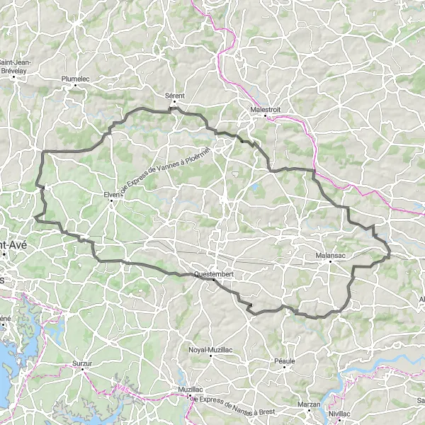 Miniature de la carte de l'inspiration cycliste "Boucle pittoresque de Saint-Jacut-les-Pins" dans la Bretagne, France. Générée par le planificateur d'itinéraire cycliste Tarmacs.app