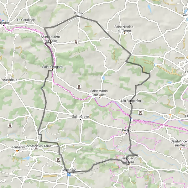 Miniature de la carte de l'inspiration cycliste "Parcours des Grées" dans la Bretagne, France. Générée par le planificateur d'itinéraire cycliste Tarmacs.app