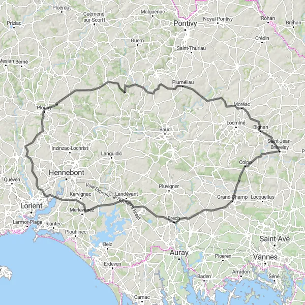 Map miniature of "The Grand-Champ Circuit" cycling inspiration in Bretagne, France. Generated by Tarmacs.app cycling route planner