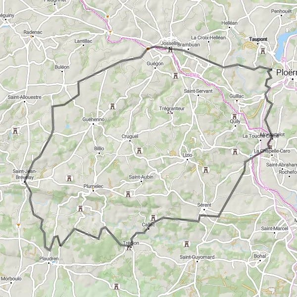 Map miniature of "The Josselin Excursion" cycling inspiration in Bretagne, France. Generated by Tarmacs.app cycling route planner