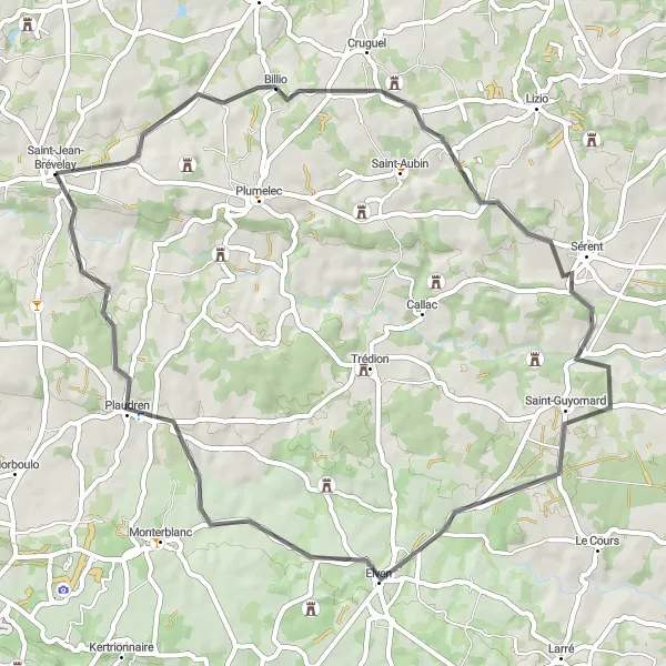 Map miniature of "Billio to Saint-Jean-Brévelay via Sérent and Elven" cycling inspiration in Bretagne, France. Generated by Tarmacs.app cycling route planner