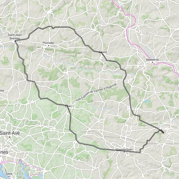Map miniature of "Billio to Saint-Jean-Brévelay via Sérent, Molac, and Elven" cycling inspiration in Bretagne, France. Generated by Tarmacs.app cycling route planner