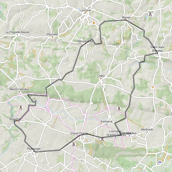 Miniature de la carte de l'inspiration cycliste "Balade à vélo pittoresque près de Saint-Jean-Brévelay" dans la Bretagne, France. Générée par le planificateur d'itinéraire cycliste Tarmacs.app