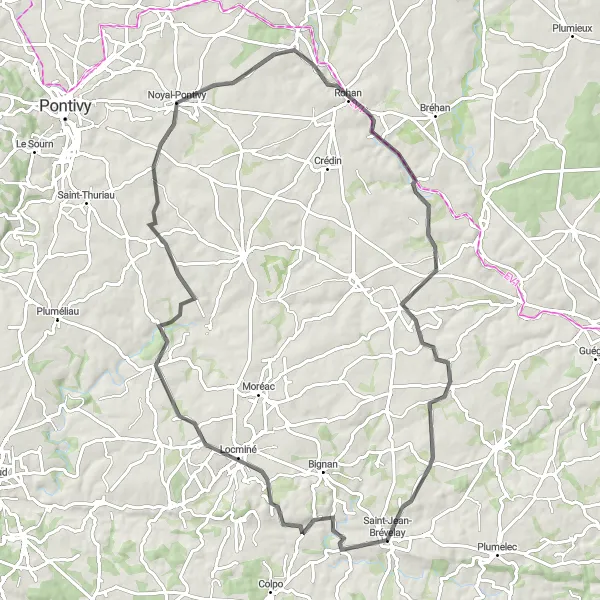 Map miniature of "The Saint-Jean-Brévelay Countryside" cycling inspiration in Bretagne, France. Generated by Tarmacs.app cycling route planner