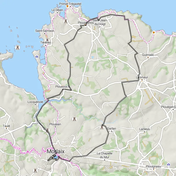 Map miniature of "Coastal Delights of Finistère" cycling inspiration in Bretagne, France. Generated by Tarmacs.app cycling route planner
