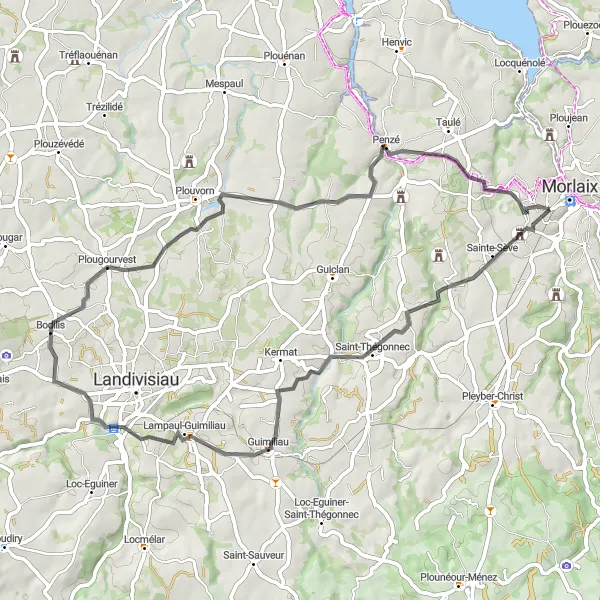 Map miniature of "Guimiliau and Plouvorn Circuit" cycling inspiration in Bretagne, France. Generated by Tarmacs.app cycling route planner