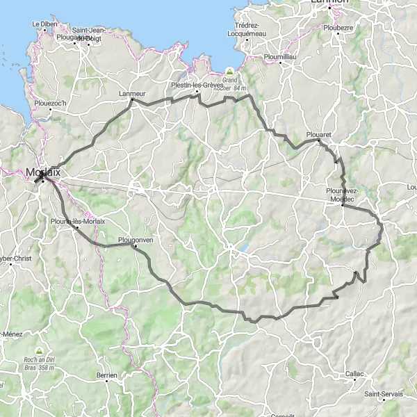 Map miniature of "Lanmeur and Lanvellec Circuit" cycling inspiration in Bretagne, France. Generated by Tarmacs.app cycling route planner