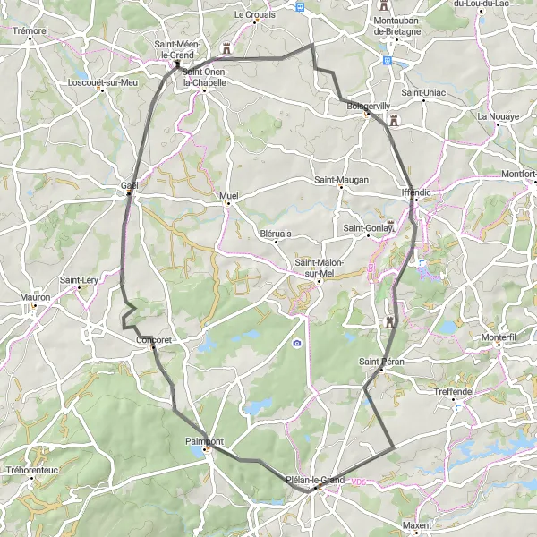 Map miniature of "Magical Tour through Boisgervilly and Paimpont" cycling inspiration in Bretagne, France. Generated by Tarmacs.app cycling route planner