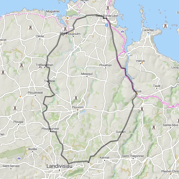 Map miniature of "Distinctive Road Cycling Route from Saint-Pol-de-Léon" cycling inspiration in Bretagne, France. Generated by Tarmacs.app cycling route planner