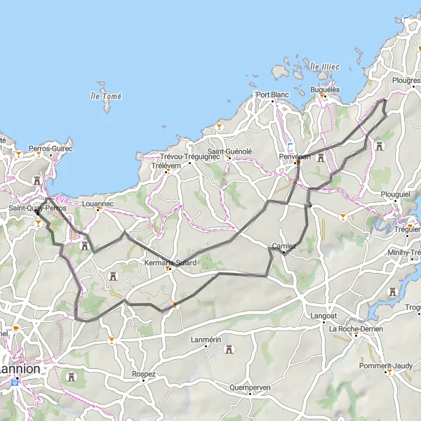 Miniature de la carte de l'inspiration cycliste "La Balade des Châteaux Bretons" dans la Bretagne, France. Générée par le planificateur d'itinéraire cycliste Tarmacs.app