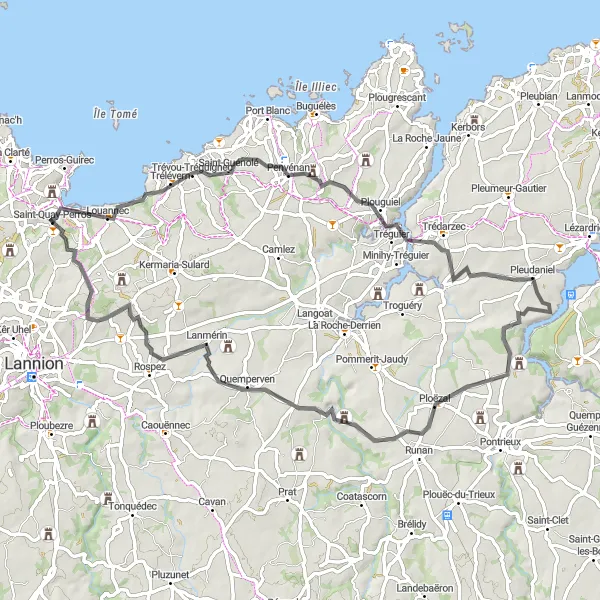 Miniature de la carte de l'inspiration cycliste "La Côte de Granit Rose" dans la Bretagne, France. Générée par le planificateur d'itinéraire cycliste Tarmacs.app