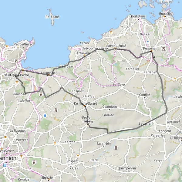 Map miniature of "Trévou-Tréguignec Loop" cycling inspiration in Bretagne, France. Generated by Tarmacs.app cycling route planner