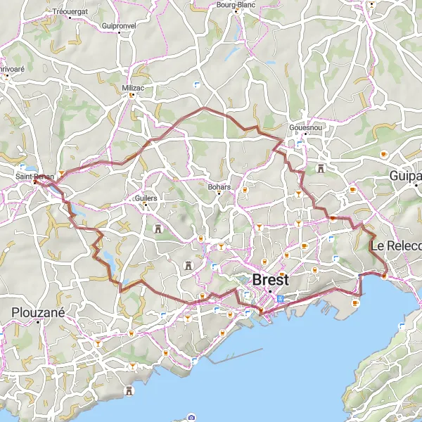 Map miniature of "Saint-Renan-Brest gravel loop" cycling inspiration in Bretagne, France. Generated by Tarmacs.app cycling route planner