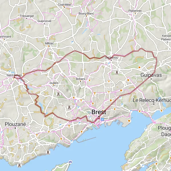 Map miniature of "Saint-Renan-Toul an Aon gravel loop" cycling inspiration in Bretagne, France. Generated by Tarmacs.app cycling route planner