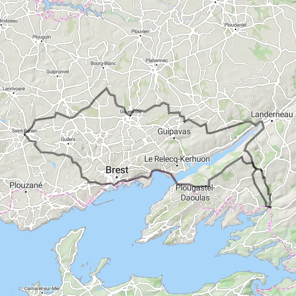 Map miniature of "Gouesnou-Daoulas loop" cycling inspiration in Bretagne, France. Generated by Tarmacs.app cycling route planner