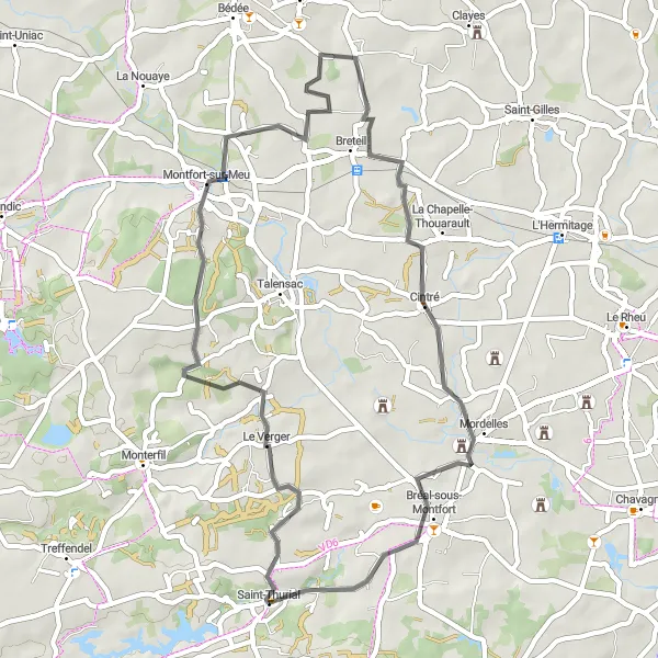 Miniature de la carte de l'inspiration cycliste "Escapade en Vallée de la Vilaine" dans la Bretagne, France. Générée par le planificateur d'itinéraire cycliste Tarmacs.app
