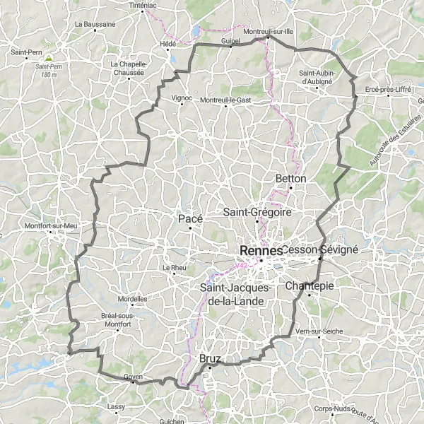 Miniature de la carte de l'inspiration cycliste "Vallée de l'Ille et de la Vilaine" dans la Bretagne, France. Générée par le planificateur d'itinéraire cycliste Tarmacs.app