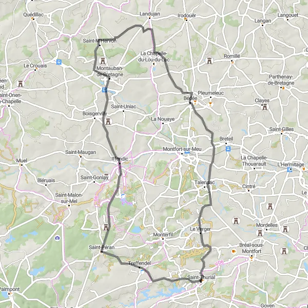Miniature de la carte de l'inspiration cycliste "Escapade à vélo de Treffendel au Verger" dans la Bretagne, France. Générée par le planificateur d'itinéraire cycliste Tarmacs.app