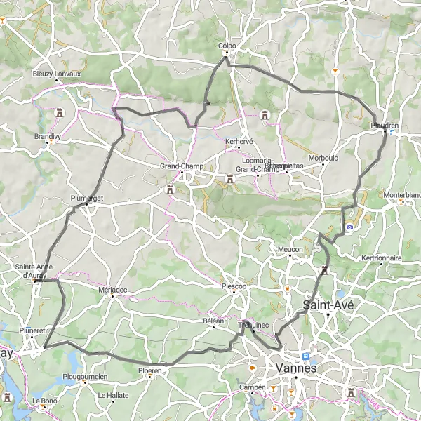 Map miniature of "Breton Adventure from Sainte-Anne-d'Auray" cycling inspiration in Bretagne, France. Generated by Tarmacs.app cycling route planner