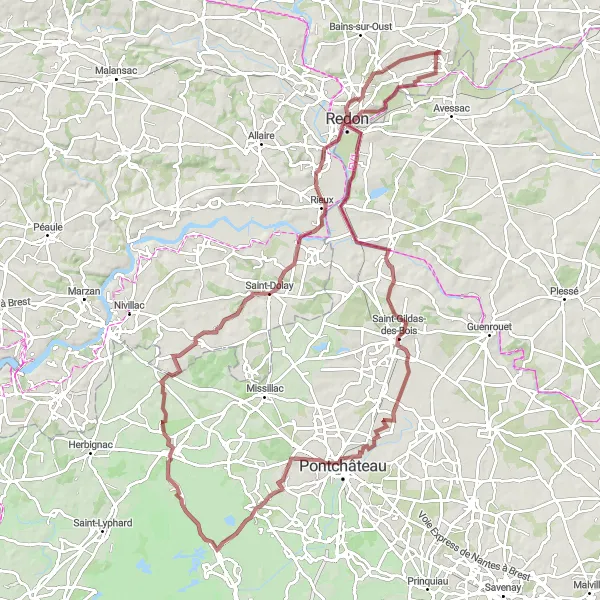 Miniature de la carte de l'inspiration cycliste "Circuit de Sainte-Marie à Redon" dans la Bretagne, France. Générée par le planificateur d'itinéraire cycliste Tarmacs.app