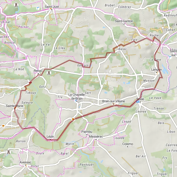 Miniature de la carte de l'inspiration cycliste "Boucle des Châteaux de l'Est" dans la Bretagne, France. Générée par le planificateur d'itinéraire cycliste Tarmacs.app