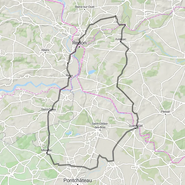 Miniature de la carte de l'inspiration cycliste "Boucle des Landes et des Gués" dans la Bretagne, France. Générée par le planificateur d'itinéraire cycliste Tarmacs.app