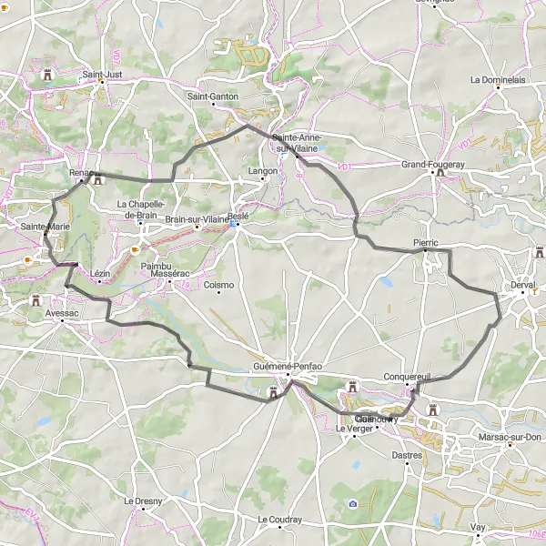 Miniature de la carte de l'inspiration cycliste "Parcours Renac à Conquereuil" dans la Bretagne, France. Générée par le planificateur d'itinéraire cycliste Tarmacs.app