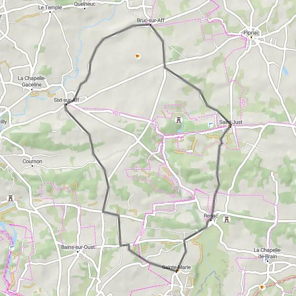 Miniature de la carte de l'inspiration cycliste "Petite balade à vélo à Sixt-sur-Aff" dans la Bretagne, France. Générée par le planificateur d'itinéraire cycliste Tarmacs.app