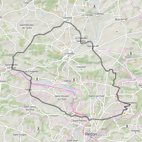 Miniature de la carte de l'inspiration cycliste "Boucle de la Vallée de l'Oust" dans la Bretagne, France. Générée par le planificateur d'itinéraire cycliste Tarmacs.app