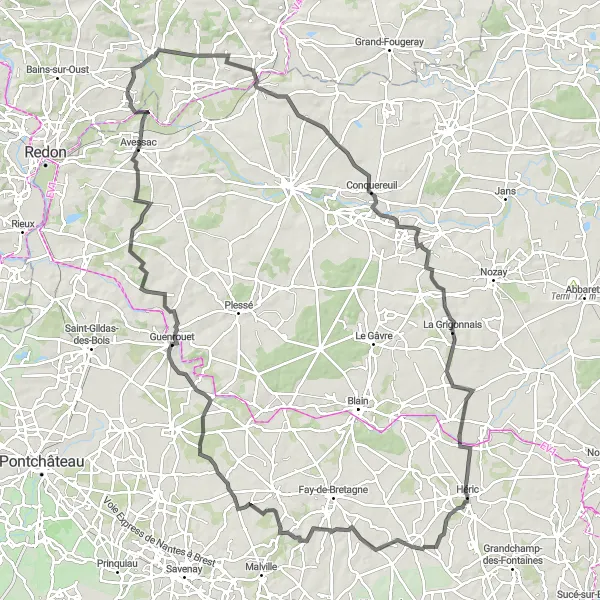 Miniature de la carte de l'inspiration cycliste "Grand Tour de la Bretagne intérieure" dans la Bretagne, France. Générée par le planificateur d'itinéraire cycliste Tarmacs.app