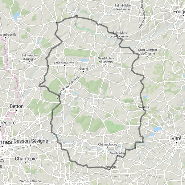 Map miniature of "Saint-Ouen-des-Alleux to Sens-de-Bretagne" cycling inspiration in Bretagne, France. Generated by Tarmacs.app cycling route planner