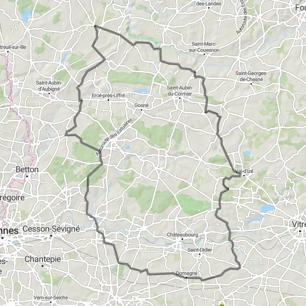 Map miniature of "The Countryside Challenge" cycling inspiration in Bretagne, France. Generated by Tarmacs.app cycling route planner