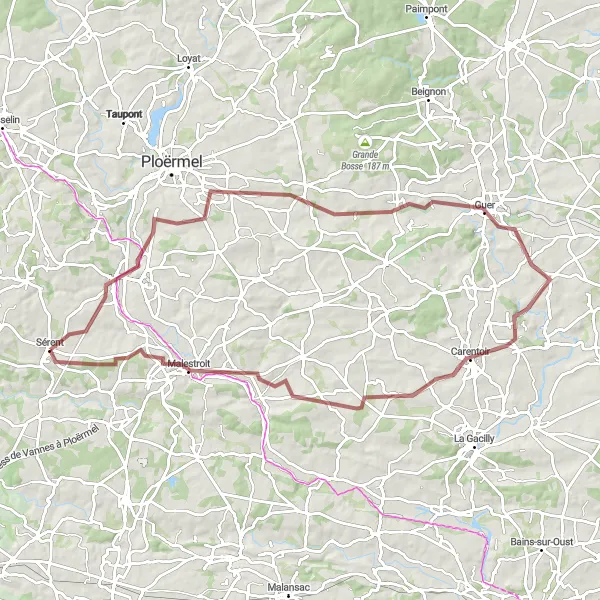 Miniature de la carte de l'inspiration cycliste "Exploration gravel de la région de Sérent" dans la Bretagne, France. Générée par le planificateur d'itinéraire cycliste Tarmacs.app