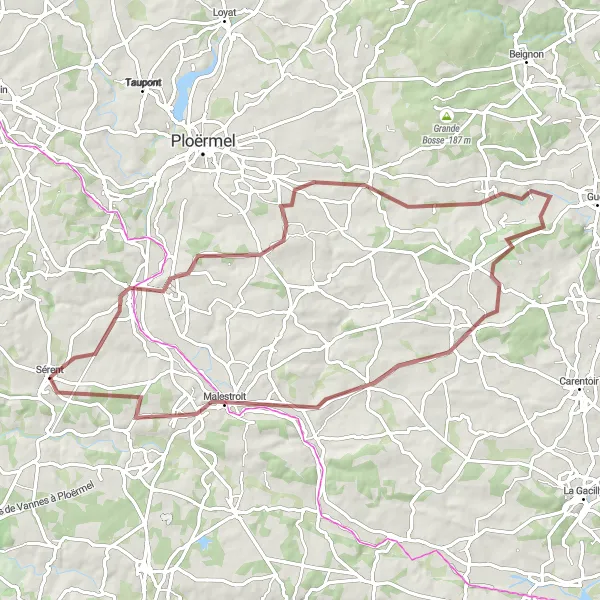 Miniature de la carte de l'inspiration cycliste "Aventure gravel autour de Sérent" dans la Bretagne, France. Générée par le planificateur d'itinéraire cycliste Tarmacs.app