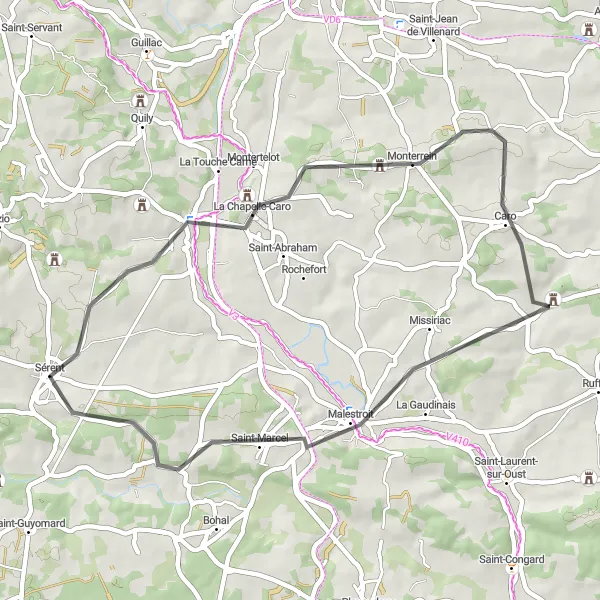 Miniature de la carte de l'inspiration cycliste "Boucle de Malestroit" dans la Bretagne, France. Générée par le planificateur d'itinéraire cycliste Tarmacs.app