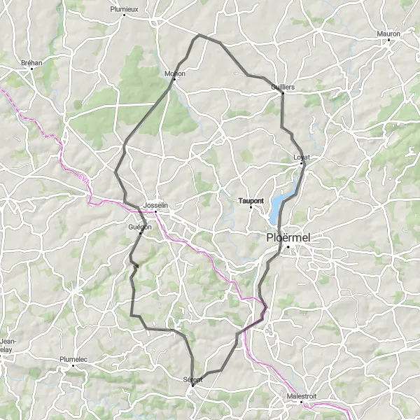 Miniature de la carte de l'inspiration cycliste "Les villages pittoresques de Lizio et Mohon" dans la Bretagne, France. Générée par le planificateur d'itinéraire cycliste Tarmacs.app