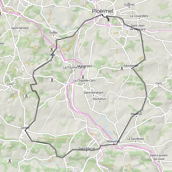 Miniature de la carte de l'inspiration cycliste "Boucle à travers Quily et Ploërmel" dans la Bretagne, France. Générée par le planificateur d'itinéraire cycliste Tarmacs.app