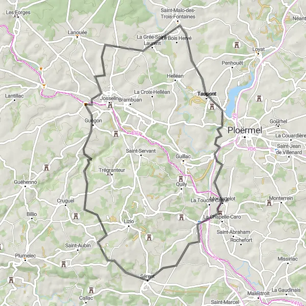 Miniature de la carte de l'inspiration cycliste "Les collines de Guégon" dans la Bretagne, France. Générée par le planificateur d'itinéraire cycliste Tarmacs.app